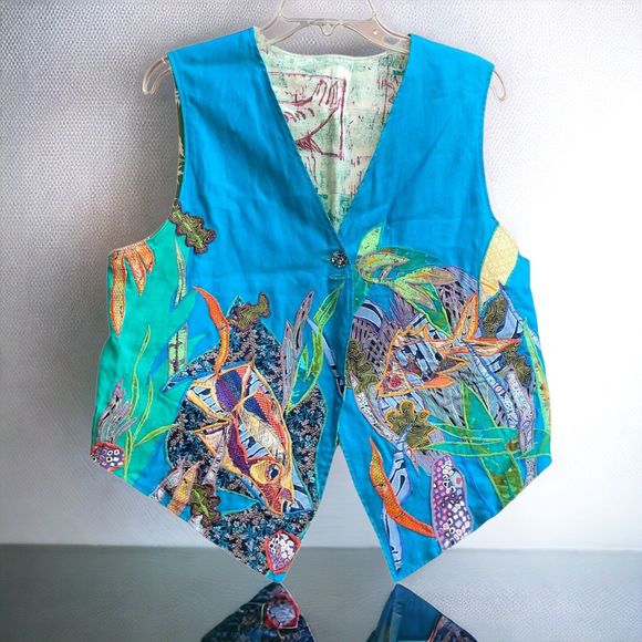 Unbranded Tops - Handmade O/S Lagenlook OOAK Art to Wear Embroidered Fish Ocean Theme Vest